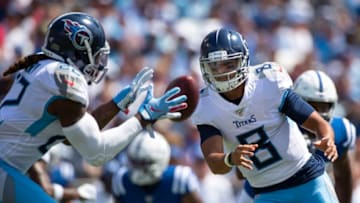 NASHVILLE, TN - SEPTEMBER 15: Marcus Mariota #8 pitches the ball to Derrick Henry #22 of the Tennessee Titans during the first quarter against the Indianapolis Colts at Nissan Stadium on September 15, 2019 in Nashville, Tennessee. (Photo by Brett Carlsen/Getty Images)