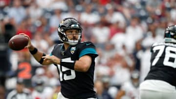 HOUSTON, TX - SEPTEMBER 15: Gardner Minshew #15 of the Jacksonville Jaguars looks to pass in the fourth quarter against the Houston Texans at NRG Stadium on September 15, 2019 in Houston, Texas. (Photo by Tim Warner/Getty Images)