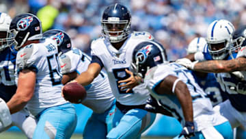 NASHVILLE, TN - SEPTEMBER 15: Marcus Mariota #8 of the Tennessee Titans drops back to make a hand off during a game against the Indianapolis Colts at Nissan Stadium on September 15, 2019 in Nashville,Tennessee. The Colts defeated the Titans 19-17. (Photo by Wesley Hitt/Getty Images)