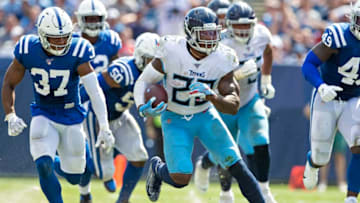 NASHVILLE, TN - SEPTEMBER 15: Derrick Henry #22 of the Tennessee Titans runs the ball during a game against the Indianapolis Colts at Nissan Stadium on September 15, 2019 in Nashville,Tennessee. The Colts defeated the Titans 19-17. (Photo by Wesley Hitt/Getty Images)