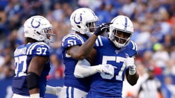 INDIANAPOLIS, INDIANA - AUGUST 24: Kemoko Turay #57 of the Indianapolis Colts celebrates a tackle during the first half of the preseason game against the Chicago Bears at Lucas Oil Stadium on August 24, 2019 in Indianapolis, Indiana. (Photo by Justin Casterline/Getty Images)