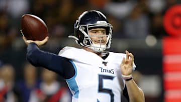 CHICAGO, ILLINOIS - AUGUST 29: Logan Woodside #5 of the Tennessee Titans throws a pass during the second half of a preseason game against the Chicago Bears at Soldier Field on August 29, 2019 in Chicago, Illinois. (Photo by Nuccio DiNuzzo/Getty Images)