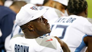 CHICAGO, ILLINOIS - AUGUST 29: A.J. Brown #11 of the Tennessee Titans sits on the bench during the second half of a preseason game against the Chicago Bears at Soldier Field on August 29, 2019 in Chicago, Illinois. (Photo by Nuccio DiNuzzo/Getty Images)