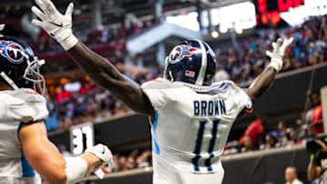 ATLANTA, GA - SEPTEMBER 29: A.J. Brown #11 of the Tennessee Titans celebrates making a reception for a touchdown against the Atlanta Falcons during the first half of a game at Mercedes-Benz Stadium on September 29, 2019 in Atlanta, Georgia. (Photo by Carmen Mandato/Getty Images)