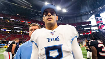 ATLANTA, GA - SEPTEMBER 29: Marcus Mariota #8 of the Tennessee Titans heads off the field following the Tennessee Titans win over the Atlanta Falcons 24- 10 at Mercedes-Benz Stadium on September 29, 2019 in Atlanta, Georgia. (Photo by Carmen Mandato/Getty Images)