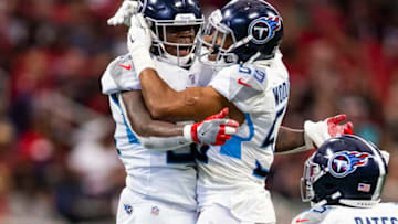 ATLANTA, GA - SEPTEMBER 29: Jayon Brown #55 and Wesley Woodyard #59 of the Tennessee Titans react during the second half of a game at Mercedes-Benz Stadium on September 29, 2019 in Atlanta, Georgia. (Photo by Carmen Mandato/Getty Images)