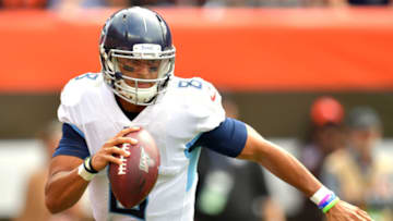 CLEVELAND, OHIO - SEPTEMBER 08: Quarterback Marcus Mariota #8 of the Tennessee Titans runs with the ball during the first quarter of the game against the Cleveland Browns at FirstEnergy Stadium on September 08, 2019 in Cleveland, Ohio. (Photo by Jason Miller/Getty Images)