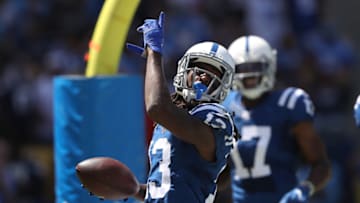 CARSON, CALIFORNIA - SEPTEMBER 08: T.Y. Hilton #13 of the Indianapolis Colts reacts after scoring a touchdown during the first half of a game against the Los Angeles Chargers at Dignity Health Sports Park on September 08, 2019 in Carson, California. (Photo by Sean M. Haffey/Getty Images)