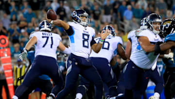 JACKSONVILLE, FLORIDA - SEPTEMBER 19: Marcus Mariota #8 of the Tennessee Titans passes during a game against the Jacksonville Jaguars at TIAA Bank Field on September 19, 2019 in Jacksonville, Florida. (Photo by Mike Ehrmann/Getty Images)