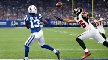 INDIANAPOLIS, INDIANA - SEPTEMBER 22: T.Y. Hilton #13 of the Indianapolis Colts catches a touchdown pass during the second quarter in the game against the Atlanta Falcons at Lucas Oil Stadium on September 22, 2019 in Indianapolis, Indiana. (Photo by Justin Casterline/Getty Images)