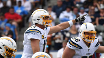 CARSON, CALIFORNIA - SEPTEMBER 22: Quarterback Philip Rivers #17 of the Los Angeles Chargers yells to teammates in the game against the Houston Texans at Dignity Health Sports Park on September 22, 2019 in Carson, California. (Photo by Meg Oliphant/Getty Images)