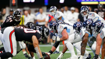 ATLANTA, GEORGIA - SEPTEMBER 29: The Tennessee Titans offense faces off against the Atlanta Falcons defense at Mercedes-Benz Stadium on September 29, 2019 in Atlanta, Georgia. (Photo by Kevin C. Cox/Getty Images)