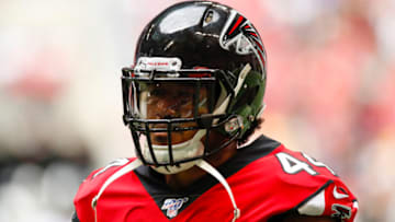 ATLANTA, GA - OCTOBER 20: Vic Beasley #44 of the Atlanta Falcons walks to the sideline in the second half of an NFL game against the Los Angeles Rams at Mercedes-Benz Stadium on October 20, 2019 in Atlanta, Georgia. (Photo by Todd Kirkland/Getty Images)