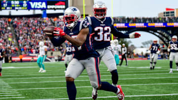 FOXBOROUGH, MA - DECEMBER 29: J.C. Jackson #27 and Devin McCourty #32 of the New England Patriots react during the fourth quarter of a game against the Miami Dolphins at Gillette Stadium on December 29, 2019 in Foxborough, Massachusetts. (Photo by Billie Weiss/Getty Images)