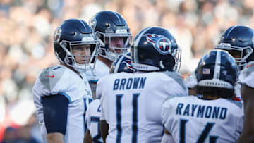 OAKLAND, CALIFORNIA - DECEMBER 08: Quarterback Ryan Tannehill #17 of the Tennessee Titans looks on in the huddle in the second half against the Oakland Raiders at RingCentral Coliseum on December 08, 2019 in Oakland, California. (Photo by Lachlan Cunningham/Getty Images)