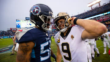 NASHVILLE, TN - DECEMBER 22: Derick Roberson #50 of the Tennessee Titans and Drew Brees #9 of the New Orleans Saints talk after the game at Nissan Stadium on December 22, 2019 in Nashville, Tennessee. New Orleans defeats Tennessee 38-28. (Photo by Brett Carlsen/Getty Images)