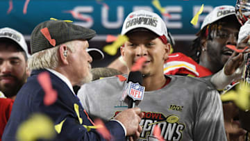 MIAMI, FLORIDA - FEBRUARY 02: Patrick Mahomes #15 of the Kansas City Chiefs celebrates after the Chiefs defeated the San Francisco 49ers in Super Bowl LIV at Hard Rock Stadium on February 02, 2020 in Miami, Florida. The Chiefs won the game 31-20. (Photo by Focus on Sport/Getty Images)