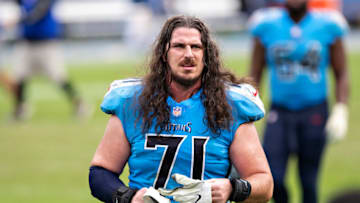 NASHVILLE, TN - OCTOBER 25: Dennis Kelly #71 of the Tennessee Titans walks off the field after a game against the Pittsburgh Steelers at Nissan Stadium on October 25, 2020 in Nashville, Tennessee. The Steelers defeated the Titans 27-24. (Photo by Wesley Hitt/Getty Images)