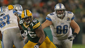 GREEN BAY, WI - DECEMBER 09: Mike Daniels #76 of the Green Bay Packers rushes past Stephen Peterman #66 of the Detroit Lions at Lambeau Field on December 9, 2012 in Green Bay, Wisconsin. The Packers defeated the Lions 27-20. (Photo by Jonathan Daniel/Getty Images)