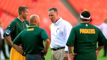 KANSAS CITY, MO - AUGUST 29: Former Green Bay Packers General Manager and current Kansas City Chiefs General Manager John Dorsey greets former staff members prior to the preseason game at Arrowhead Stadium on August 29, 2013 in Kansas City, Missouri. (Photo by Jamie Squire/Getty Images)