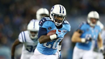 NASHVILLE, TN - NOVEMBER 14: Chris Johnson #28 of the Tennessee Titans carries the ball for a first quarter touchdown against the Indianapolis Colts at LP Field on November 14, 2013 in Nashville, Tennessee. (Photo by Andy Lyons/Getty Images)