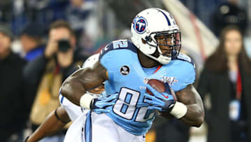 NASHVILLE, TN - NOVEMBER 14: Delanie Walker #82 of the Tennessee Titans carries the ball against the Indianapolis Colts in the first quarter at LP Field on November 14, 2013 in Nashville, Tennessee. (Photo by Andy Lyons/Getty Images)