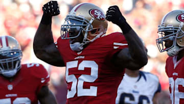 SAN FRANCISCO, CA - DECEMBER 1: Linebacker Patrick Willis #52 of the San Francisco 49ers gestures after sacking quarterback Kellen Clemens #10 of the St. Louis Rams during the third quarter of their game on December 1, 2013 at Candlestick Park in San Francisco, California. The 49ers defeated the Rams 23-13 (Photo by Stephen Lam/Getty Images)