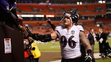 CLEVELAND, OH - NOVEMBER 30: Brent Urban #96 of the Baltimore Ravens celebrates his blocked field goal that lead to a touchdown during the fourth quarter against the Cleveland Browns at FirstEnergy Stadium on November 30, 2015 in Cleveland, Ohio. Baltimore won the game 33-27. (Photo by Gregory Shamus/Getty Images)