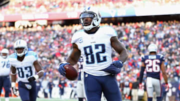 FOXBORO, MA - DECEMBER 20: Delanie Walker #82 of the Tennessee Titans celebrates scoring a touchdown during the second half against the New England Patriots at Gillette Stadium on December 20, 2015 in Foxboro, Massachusetts. (Photo by Maddie Meyer/Getty Images)