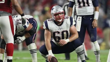 GLENDALE, AZ - SEPTEMBER 11: Center David Andrews #60 of the New England Patriots prepares to snap the football during the NFL game against the Arizona Cardinals at the University of Phoenix Stadium on September 11, 2016 in Glendale, Arizona. The Patriots defeated the Cardinals 23-21. (Photo by Christian Petersen/Getty Images)