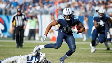NASHVILLE, TN - OCTOBER 23: Rishard Matthews #18 of the Tennessee Titans breaks a tackle against D'Qwell Jackson #52 of the Indianapolis Colts in the fourth quarter of the game at Nissan Stadium on October 23, 2016 in Nashville, Tennessee. The Colts defeated the Titans 34-26. (Photo by Joe Robbins/Getty Images)
