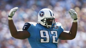 NASHVILLE, TN - SEPTEMBER 28: Defensive tackle Albert Haynesworth #92 of the Tennessee Titans tries to get the crowd into the game while taking on the Minnesota Vikings at LP Field on September 28, 2008 in Nashville, Tennessee. The Titans defeated the Vikings 30-17. (Photo by Doug Benc/Getty Images)