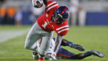 OXFORD, MS - SEPTEMBER 02: A.J. Brown #1 of the Mississippi Rebels is tackled by Nigel Lawrence #6 of the South Alabama Jaguars during the first half of a game at Vaught-Hemingway Stadium on September 2, 2017 in Oxford, Mississippi. (Photo by Jonathan Bachman/Getty Images)