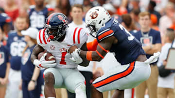 AUBURN, AL - OCTOBER 07: A.J. Brown #1 of the Mississippi Rebels pulls in this reception against Tre' Williams #30 of the Auburn Tigers at Jordan Hare Stadium on October 7, 2017 in Auburn, Alabama. (Photo by Kevin C. Cox/Getty Images)