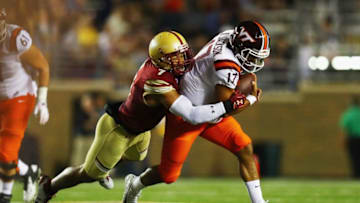 CHESTNUT HILL, MA - OCTOBER 07: Harold Landry #7 of the Boston College Eagles tackles Josh Jackson #17 of the Virginia Tech Hokies during the first half at Alumni Stadium on October 7, 2017 in Chestnut Hill, Massachusetts. (Photo by Tim Bradbury/Getty Images)