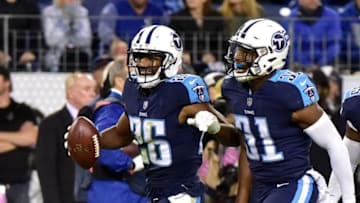 NASHVILLE, TN - OCTOBER 16: Kevin Byard #31 and Logan Ryan #26 celebrate after recovering a fumble against the Indianapolis Colts during the second half of a 36-22 Titan victory at Nissan Stadium on October 16, 2017 in Nashville, Tennessee. (Photo by Frederick Breedon/Getty Images)