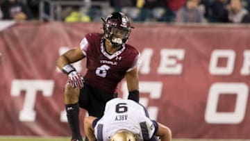PHILADELPHIA, PA - NOVEMBER 2: Sharif Finch #6 of the Temple Owls sacks Zach Abey #9 of the Navy Midshipmen in the fourth quarter at Lincoln Financial Field on November 2, 2017 in Philadelphia, Pennsylvania. The Temple Owls defeated the Navy Midshipmen 34-26. (Photo by Mitchell Leff/Getty Images)