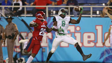 BOCA RATON, FL - NOVEMBER 3: Tyre Brady #8 of the Marshall Thundering Herd is unable to catch the pass as he is interfered by Chris Tooley #26 of the Florida Atlantic Owls at FAU Stadium on November 3, 2017 in Boca Raton, Florida. (Photo by Joel Auerbach/Getty Images)