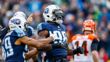 NASHVILLE, TN - NOVEMBER 12: Outside Linebacker Brian Orakpo #98 of the Tennessee Titans celebrates with against the Cincinnati Bengals at Nissan Stadium on November 12, 2017 in Nashville, Tennessee. (Photo by Wesley Hitt/Getty Images)
