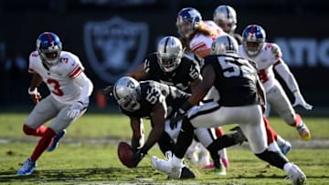 OAKLAND, CA - DECEMBER 03: NaVorro Bowman #53 of the Oakland Raiders recovers a fumble by Geno Smith #3 of the New York Giants during their NFL game at Oakland-Alameda County Coliseum on December 3, 2017 in Oakland, California. (Photo by Thearon W. Henderson/Getty Images)