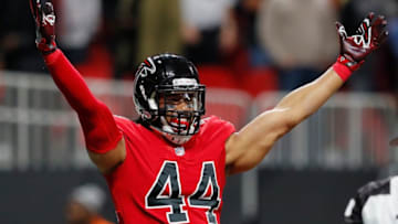 ATLANTA, GA - DECEMBER 07: Vic Beasley Jr. #44 of the Atlanta Falcons reacts after Deion Jones #45 intercepted a touchdown pass intended for Willie Snead #83 of the New Orleans Saints at Mercedes-Benz Stadium on December 7, 2017 in Atlanta, Georgia. (Photo by Kevin C. Cox/Getty Images)