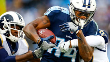 NASHVILLE, TN - DECEMBER 24: Wide Receiver Corey Davis #84 of the Tennessee Titans carries the ball against the Los Angeles Rams at Nissan Stadium on December 24, 2017 in Nashville, Tennessee. (Photo by Wesley Hitt/Getty Images)