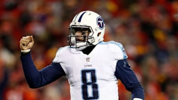 KANSAS CITY, MO - JANUARY 06: Quarterback Marcus Mariota #8 of the Tennessee Titans celebrates a touchdown as the the Titans defeat the Kansas City Chiefs 22-21 to win the AFC Wild Card playoff game at Arrowhead Stadium on January 6, 2018 in Kansas City, Missouri. (Photo by Jamie Squire/Getty Images)