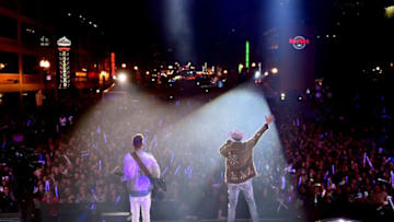 NASHVILLE, TN - APRIL 04: Tyler Hubbard (L) and Brian Kelley (R) of multi-platinum superstar duo Florida Georgia Line performs onstage during The NFL's Tennessee Titans "Tradition Evolved" concert event in downtown Nashville to celebrate The Titans new 2018 uniforms on April 4, 2018 in Nashville, Tennessee. (Photo by John Shearer/Getty Images for Florida Georgia Line and Tennessee Titans)
