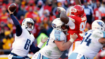 KANSAS CITY, MO - DECEMBER 18: Quarterback Marcus Mariota #8 of the Tennessee Titans in action during the game against the Kansas City Chiefs at Arrowhead Stadium on December 18, 2016 in Kansas City, Missouri. (Photo by Jamie Squire/Getty Images)