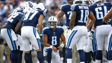 NASHVILLE, TN - SEPTEMBER 24: Quarterback Marcus Mariota #8 of the Tennesee Titans calls a play against the Seattle Seahawks at Nissan Stadium on September 24, 2017 in Nashville, Tennessee. (Photo by Shaban Athuman/Getty Images)