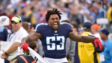 NASHVILLE, TN - DECEMBER 03: Daren Bates #53 of the Tennessee Titans celebrates against the Houston Texans during the second half at Nissan Stadium on December 3, 2017 in Nashville, Tennessee. (Photo by Frederick Breedon/Getty Images)