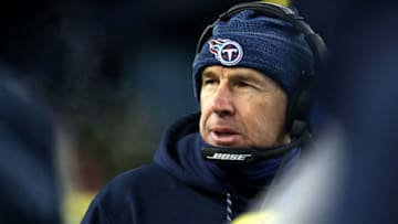 FOXBOROUGH, MA - JANUARY 13: Head coach Mike Mularkey of the Tennessee Titans looks on in the second quarter of the AFC Divisional Playoff game against the New England Patriots at Gillette Stadium on January 13, 2018 in Foxborough, Massachusetts. (Photo by Adam Glanzman/Getty Images)