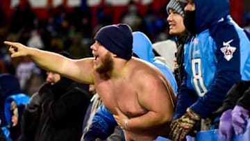 NASHVILLE, TN - DECEMBER 31:Tennessee Titans fans cheer after a play against the Jacksonville Jaguars at Nissan Stadium on December 31, 2017 in Nashville, Tennessee. (Photo by Frederick Breedon/Getty Images)