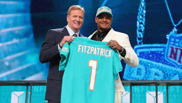ARLINGTON, TX - APRIL 26: Minkah Fitzpatrick of Alabama poses with NFL Commissioner Roger Goodell after being picked #11 overall by the Miami Dolphins during the first round of the 2018 NFL Draft at AT&T Stadium on April 26, 2018 in Arlington, Texas. (Photo by Tom Pennington/Getty Images)
